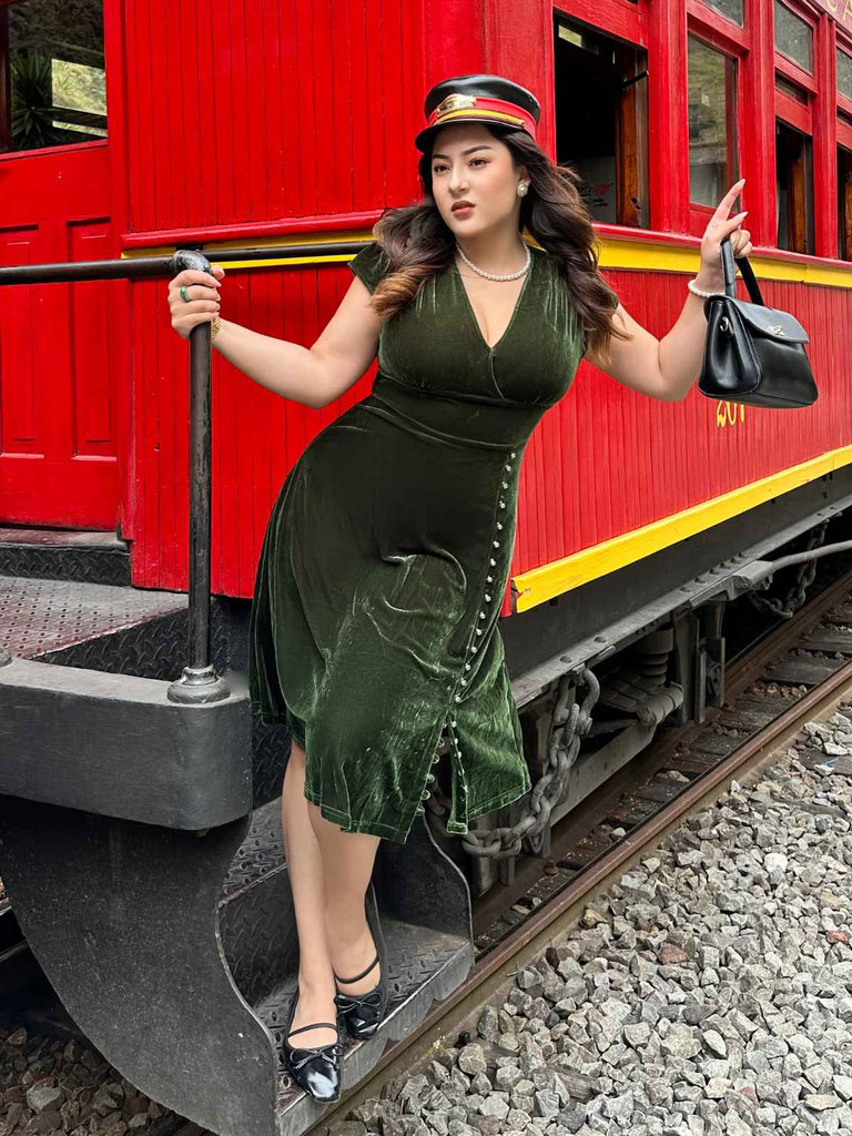 Grün 1940er Tief V-Ausschnitt Perle Samt Kleid