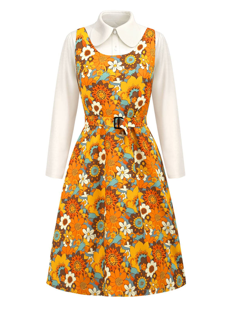 [Vorverkauf] Orange 1960er Peter Pan Kragen Blumen Kleid