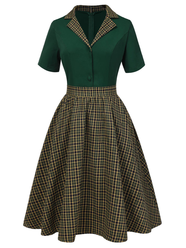 [Vorverkauf] Grün 1950er Plaid Patchwork Revers Kleid