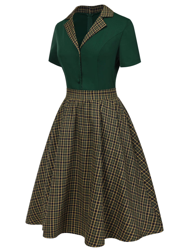 [Vorverkauf] Grün 1950er Plaid Patchwork Revers Kleid