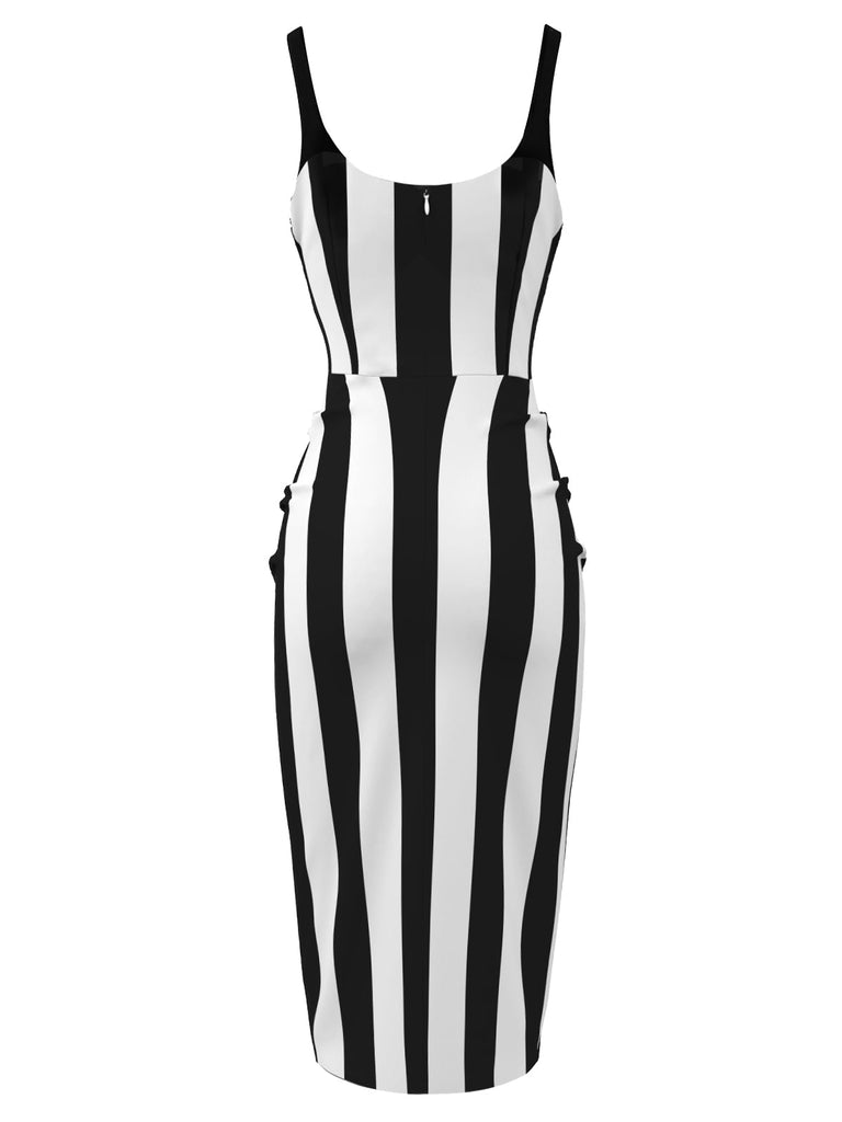 Schwarz 1960er Beetlejuice Kostüm Vertikale Streifen Träger Bleistiftkleid