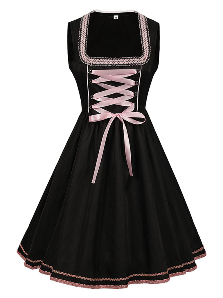 2PCS Schwarz 1950er Oktoberfest Kleid Mit Bestickter Schürze