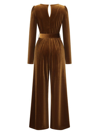 Dunkelbraun 1930er Solide V-Ausschnitt Samt Jumpsuit