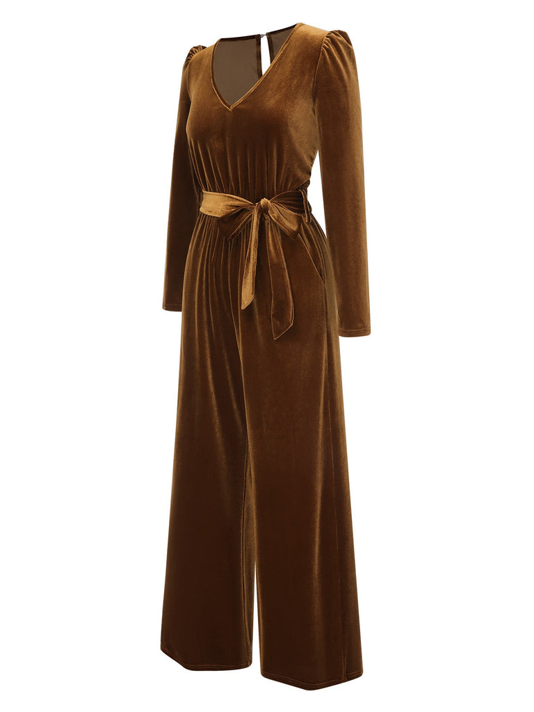 Dunkelbraun 1930er Solide V-Ausschnitt Samt Jumpsuit