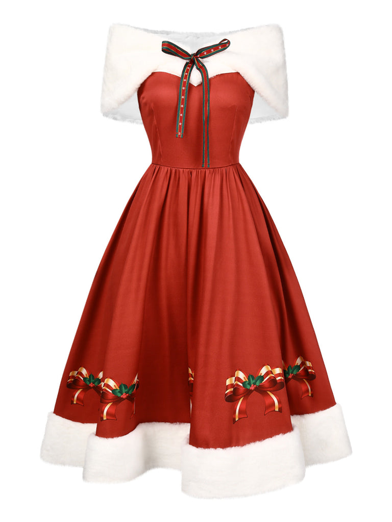 [Vorverkauf] 2PCS 1950er Weihnachten Trägerlos Bogen Fell Kleid & Schal