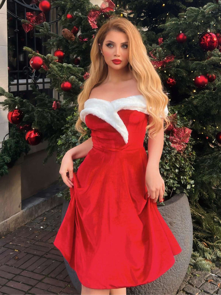 [Vorverkauf] Rot 1960er Kunstpelz Schulterfrei Kleid