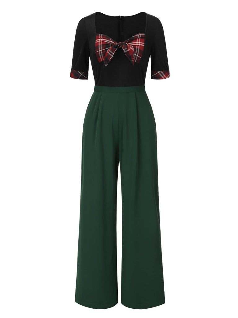 [Vorverkauf] Grün 1940er Schatz Patchwork Plaid Bogen Jumpsuit