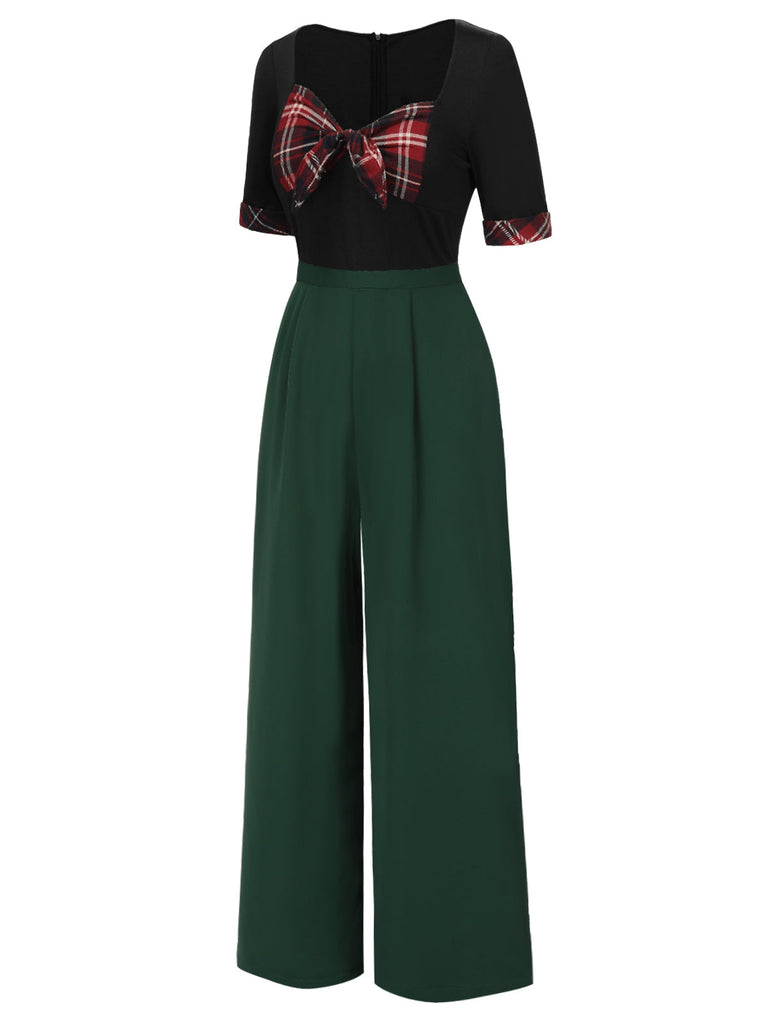 [Vorverkauf] Grün 1940er Schatz Patchwork Plaid Bogen Jumpsuit