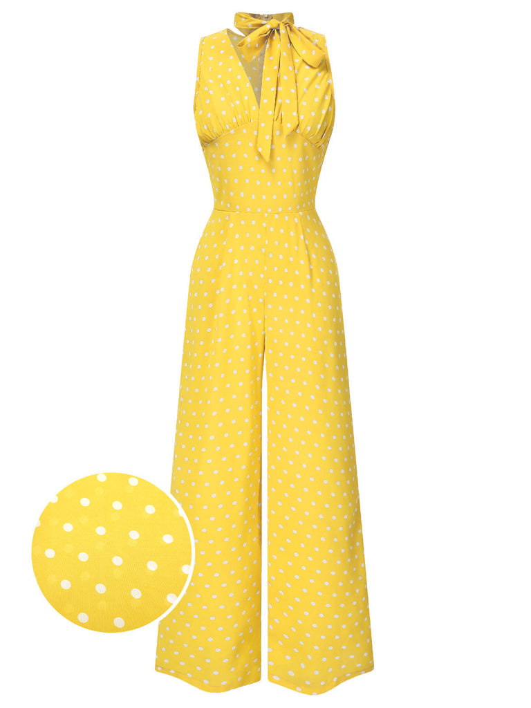 [Vorverkauf] Gelb 1960er Polka Dot V-Ausschnitt Bogen Jumpsuit