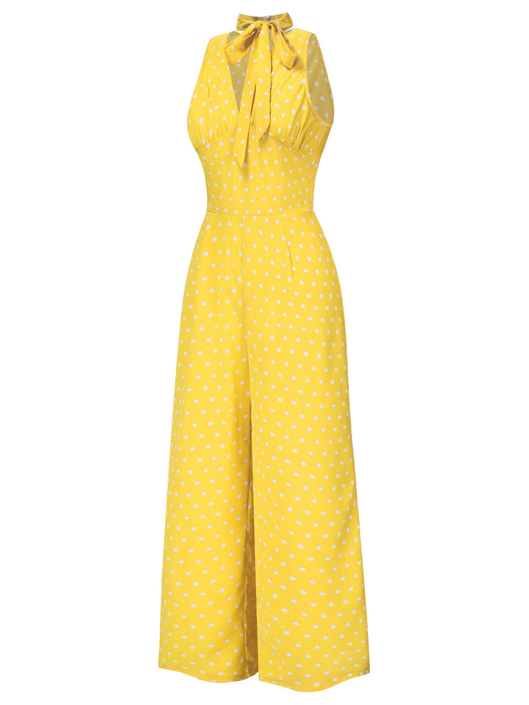 [Vorverkauf] Gelb 1960er Polka Dot V-Ausschnitt Bogen Jumpsuit