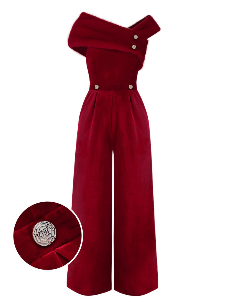 [Vorverkauf] Rot 1950er Samt Schulterfrei Taste Jumpsuit