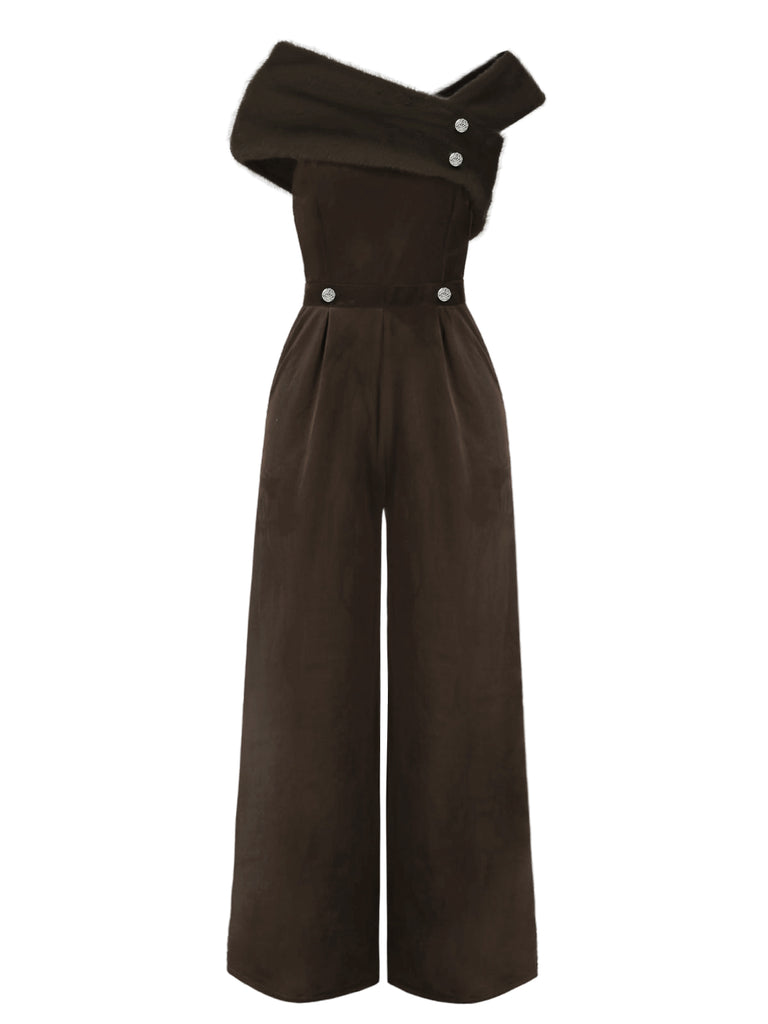 Rot 1950er Samt Schulterfrei Taste Jumpsuit