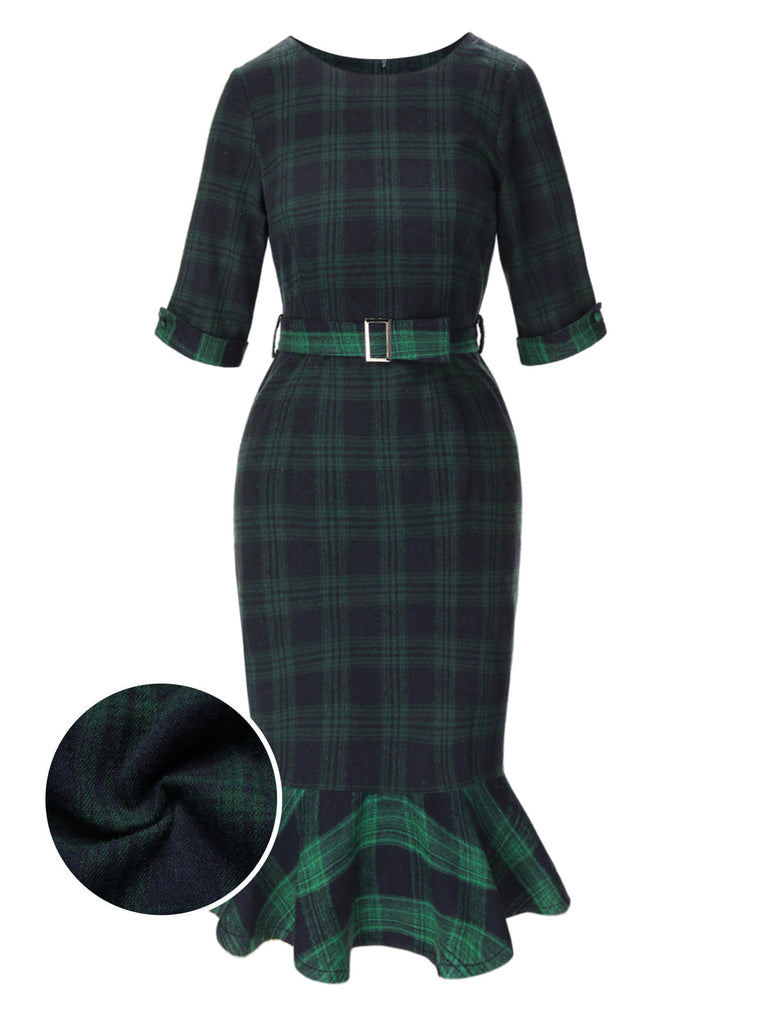 [Vorverkauf] 1930er Rundhalsausschnitt Tartan Plaid Meerjungfrauenkleid