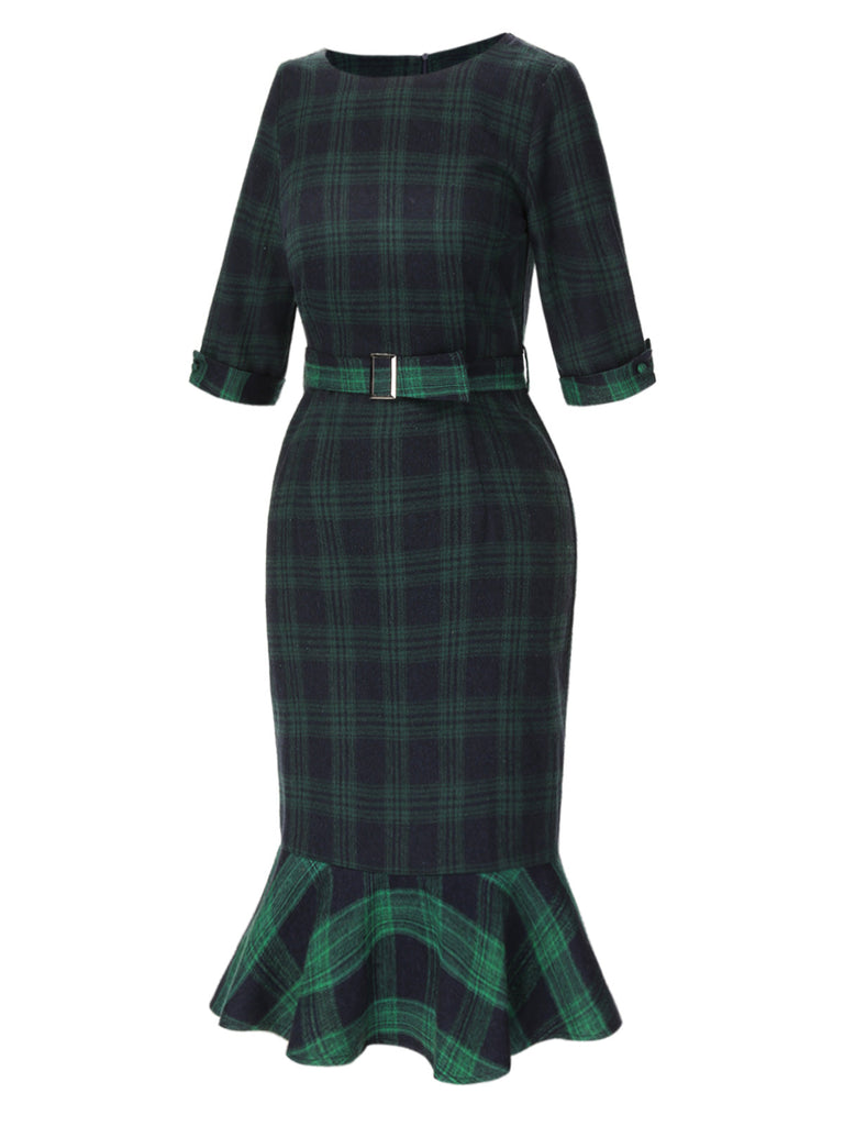 [Vorverkauf] 1930er Rundhalsausschnitt Tartan Plaid Meerjungfrauenkleid