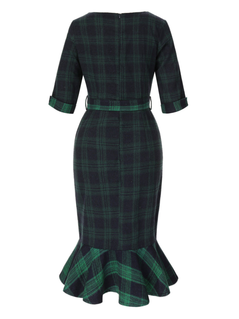 [Vorverkauf] 1930er Rundhalsausschnitt Tartan Plaid Meerjungfrauenkleid