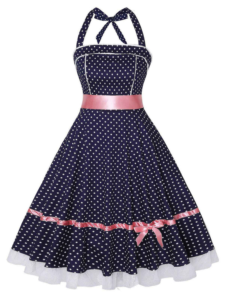 Marineblau 1950er Polka Dots Halter Kleid