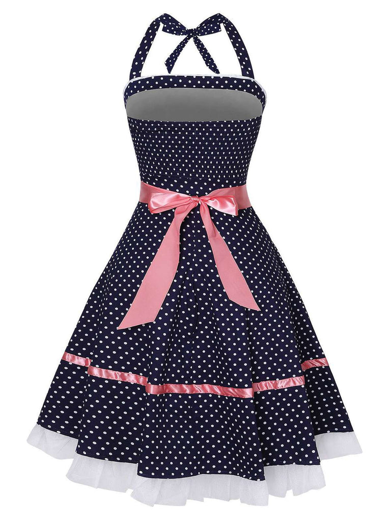 Marineblau 1950er Polka Dots Halter Kleid