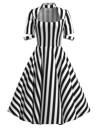 Schwarz 1950er Halloween Beetlejuice Kostüm Streifen Hohl Kragen Kleid