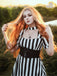 Schwarz 1950er Halloween Beetlejuice Kostüm Streifen Hohl Kragen Kleid
