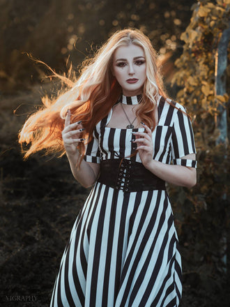 Schwarz 1950er Halloween Beetlejuice Kostüm Streifen Hohl Kragen Kleid