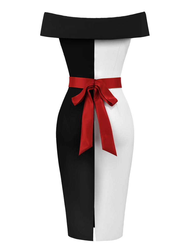 [Vorverkauf] Schwarz 1960er Halloween Cruella de Vil Kostüm Farbblock Bleistiftkleid