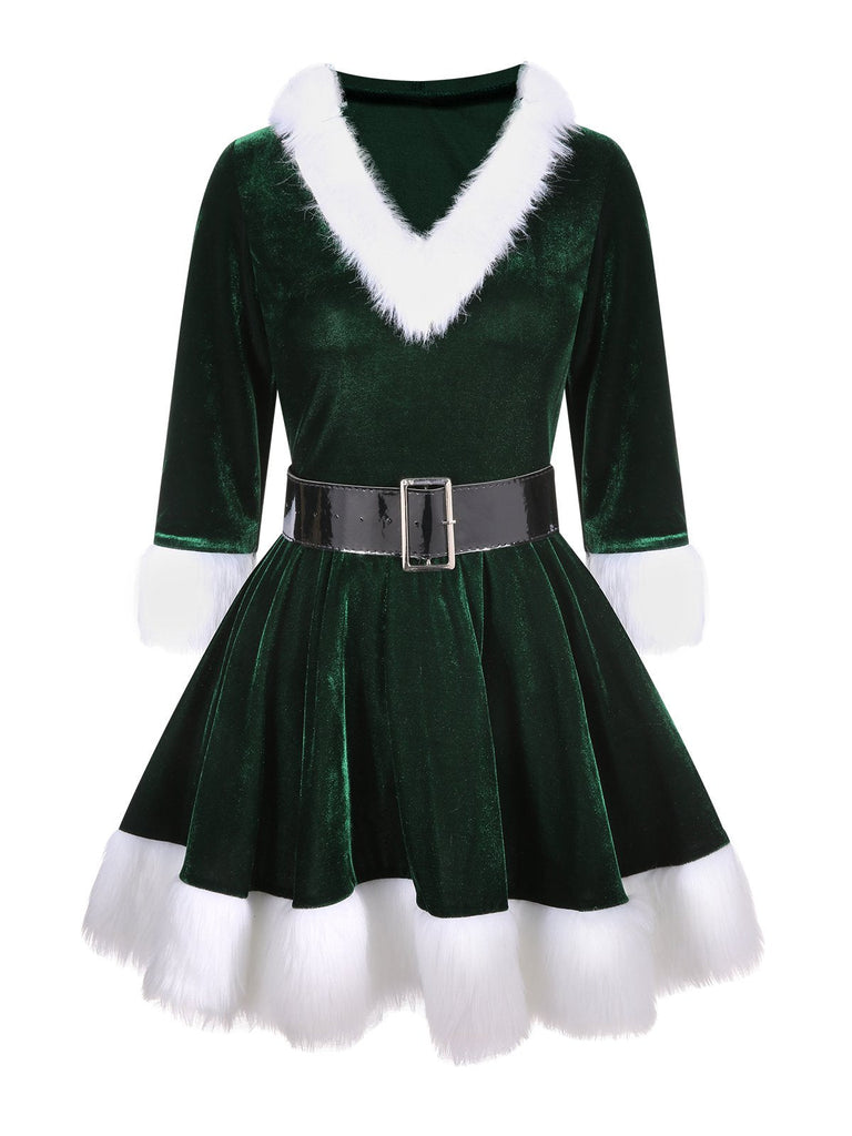 [Vorverkauf] Grün 1960er Weihnachten Samt Patchwork Kleid Mit Kapuze