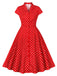 Rot 1950er Polka Dot Geknöpft Revers Kleid