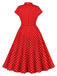 Rot 1950er Polka Dot Geknöpft Revers Kleid