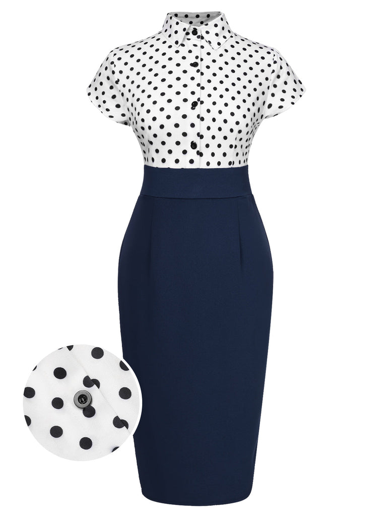 [Vorverkauf] Blau 1960er Hemdkragen Polka Dots Patchwork Kleid