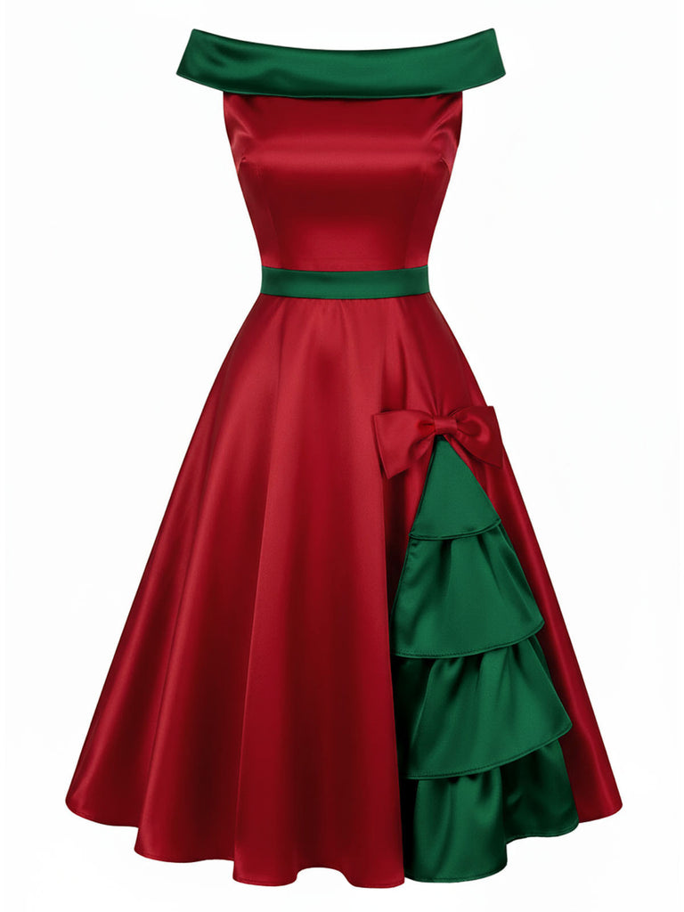 [Vorverkauf] Rot & Grün 1950er Weihnachten Baum Schulterfrei Kleid
