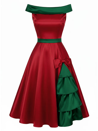 [Vorverkauf] Rot & Grün 1950er Weihnachten Baum Schulterfrei Kleid