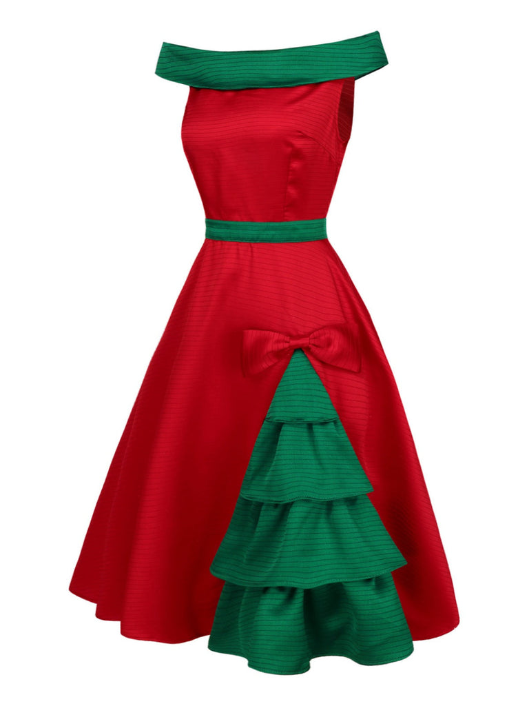 [Vorverkauf] Rot & Grün 1950er Weihnachten Baum Schulterfrei Kleid