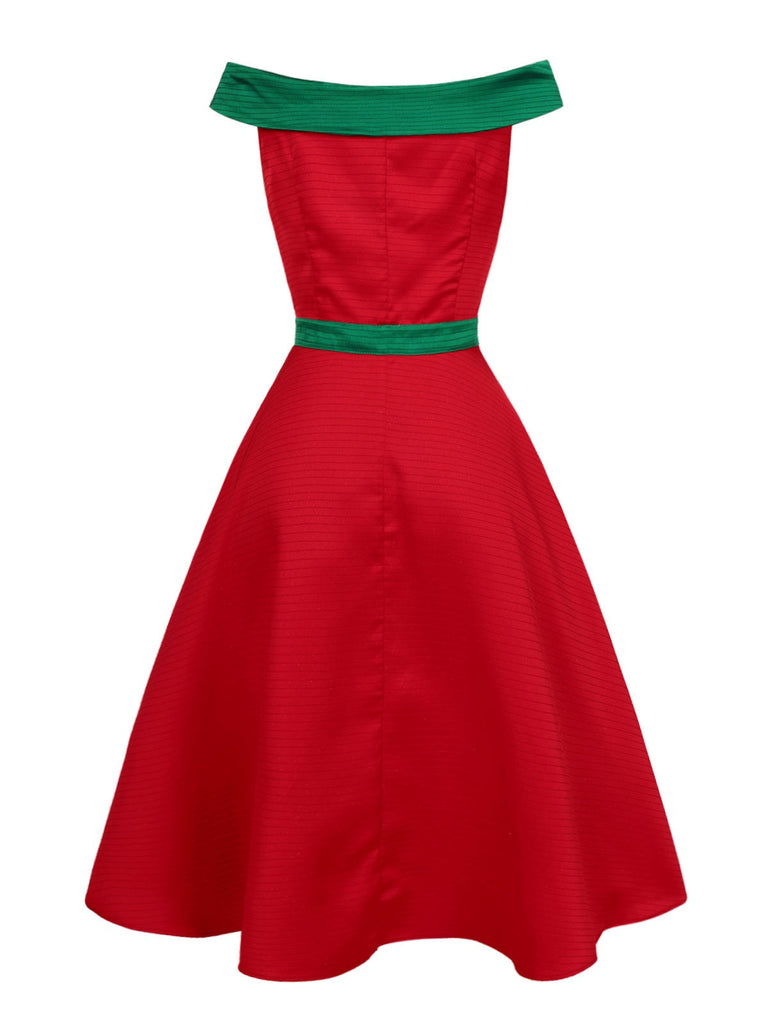 [Vorverkauf] Rot & Grün 1950er Weihnachten Baum Schulterfrei Kleid