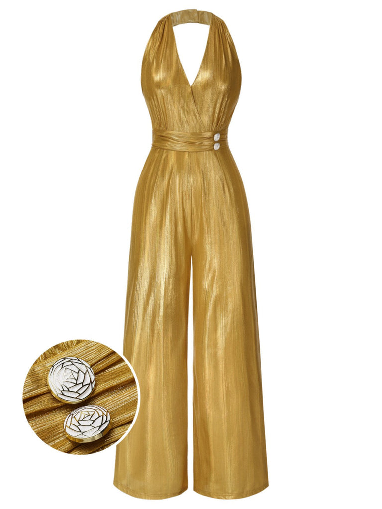 [Vorverkauf] Gold 1930er Solide V-Ausschnitt Halter Jumpsuit