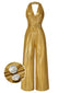 [Vorverkauf] Gold 1930er Solide V-Ausschnitt Halter Jumpsuit