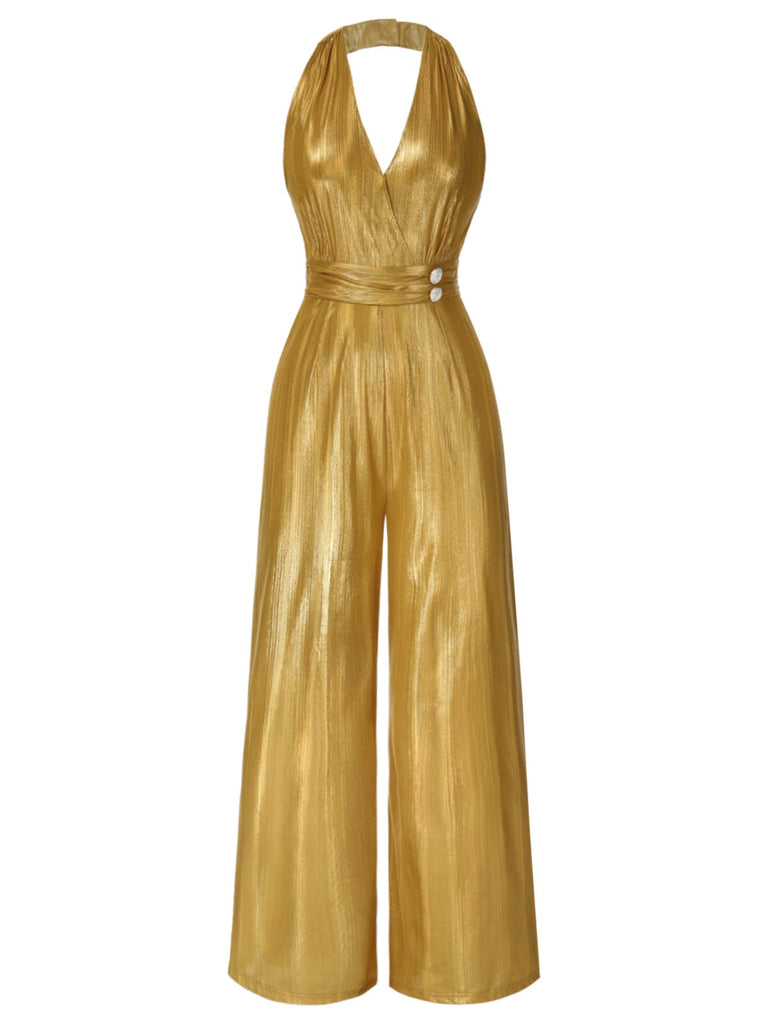 [Vorverkauf] Rot 1970er Solide V-Ausschnitt Halter Jumpsuit