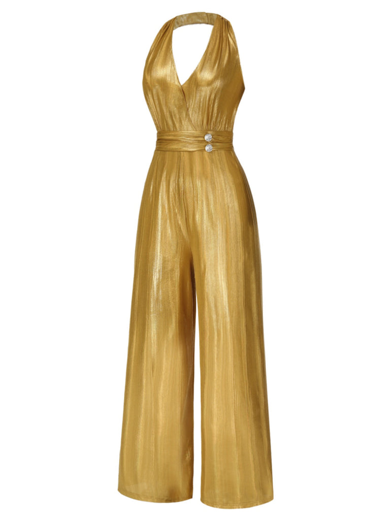 [Vorverkauf] Gold 1930er Solide V-Ausschnitt Halter Jumpsuit