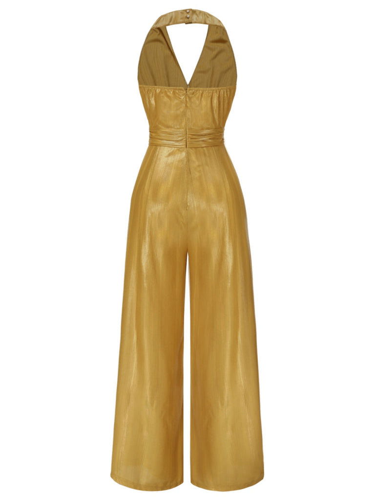 [Vorverkauf] Gold 1930er Solide V-Ausschnitt Halter Jumpsuit