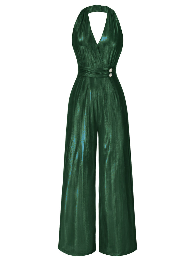 [Vorverkauf] Grün 1970er Solide V-Ausschnitt Halter Jumpsuit