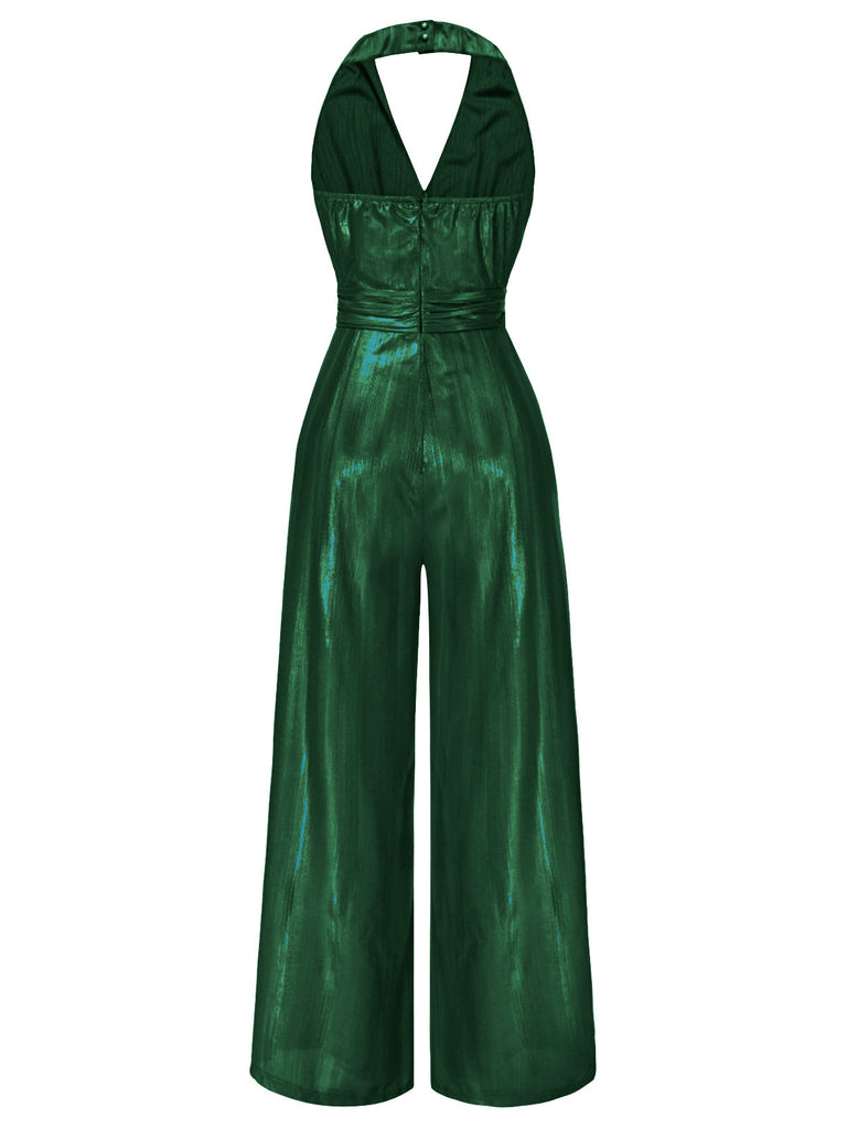 [Vorverkauf] Grün 1970er Solide V-Ausschnitt Halter Jumpsuit