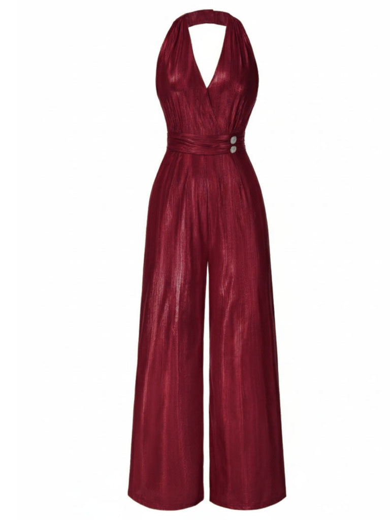 [Vorverkauf] Rot 1970er Solide V-Ausschnitt Halter Jumpsuit