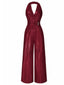 [Vorverkauf] Rot 1970er Solide V-Ausschnitt Halter Jumpsuit