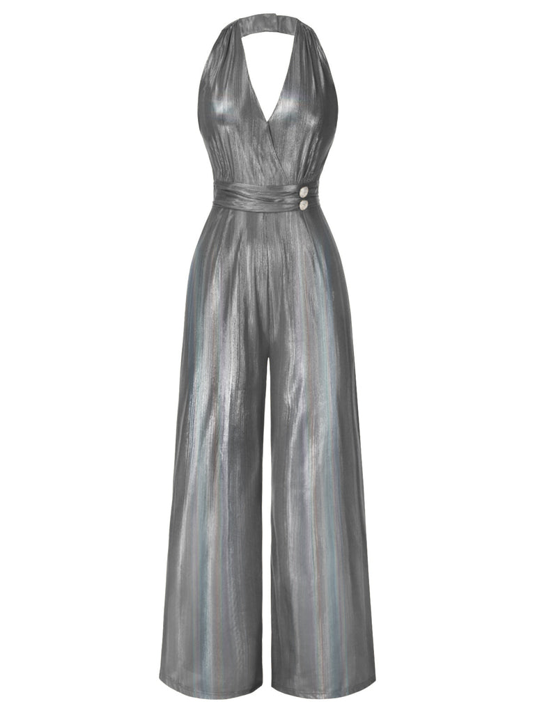 [Vorverkauf] Silber 1970er Solide V-Ausschnitt Halter Jumpsuit