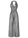 [Vorverkauf] Silber 1970er Solide V-Ausschnitt Halter Jumpsuit
