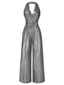 [Vorverkauf] Silber 1970er Solide V-Ausschnitt Halter Jumpsuit