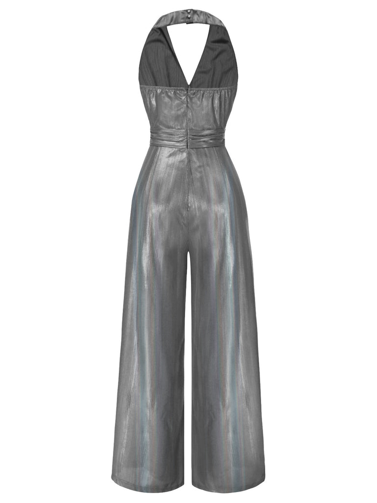 [Vorverkauf] Silber 1970er Solide V-Ausschnitt Halter Jumpsuit
