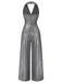 [Vorverkauf] Silber 1970er Solide V-Ausschnitt Halter Jumpsuit