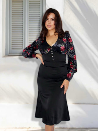 Schwarz 1930er Rose Samt Fischschwanzkleid