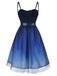 Blau 1950er Gradient Masche Taille Gesmoktes Kleid