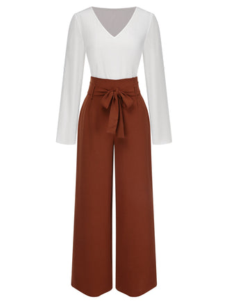 2PCS 1930er V-Ausschnitt Top & Weites Bein Lounge-Hosen